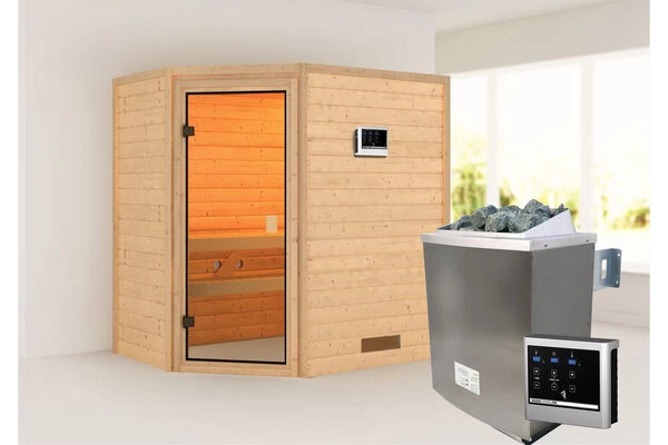 KARIBU Svea Sauna , Naturbelassen, Fichte, 196x146x198 Cm, BronzierteTür, Ofen 4,5 KW Ext. Strg. Easy 4 KARIBU Svea Sauna , Naturbelassen, Fichte, 196x146x198 Cm, BronzierteTür, Ofen 4,5 KW Ext. Strg. Easy – Bild 2