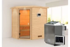 KARIBU Svea Sauna , Naturbelassen, Fichte, 224x160x202 Cm, BronzierteTür U. Kranz, Ofen 4,5 KW Bio Ext. Strg.