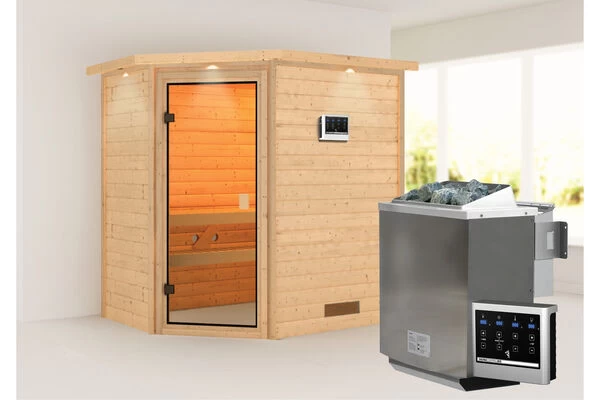 KARIBU Svea Sauna , Naturbelassen, Fichte, 224x160x202 Cm, BronzierteTür U. Kranz, Ofen 4,5 KW Bio Ext. Strg. 3 KARIBU Svea Sauna , Naturbelassen, Fichte, 224x160x202 Cm, BronzierteTür U. Kranz, Ofen 4,5 KW Bio Ext. Strg.