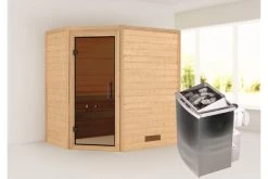 KARIBU Svea Sauna , Naturbelassen, Fichte, 196x146x198 Cm, Graphitfarbene Tür, Ofen 4,5 KW Integr. Strg.