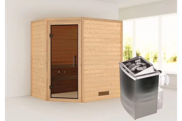 KARIBU Svea Sauna , Naturbelassen, Fichte, 196x146x198 Cm, Graphitfarbene Tür, Ofen 4,5 KW Integr. Strg. 3 KARIBU Svea Sauna , Naturbelassen, Fichte, 196x146x198 Cm, Graphitfarbene Tür, Ofen 4,5 KW Integr. Strg.