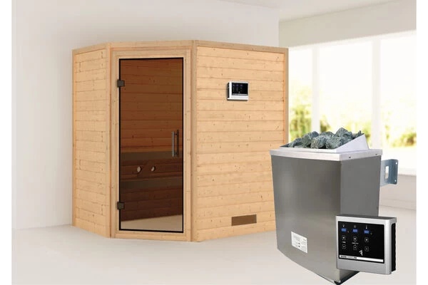 KARIBU Svea Sauna , Naturbelassen, Fichte, 196x146x198 Cm, Graphitfarbene Tür, Ofen 4,5 KW Ext. Strg. Easy 3 KARIBU Svea Sauna , Naturbelassen, Fichte, 196x146x198 Cm, Graphitfarbene Tür, Ofen 4,5 KW Ext. Strg. Easy