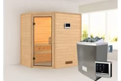 KARIBU Svea Sauna , Naturbelassen, Fichte, 196x146x198 Cm, Klarglastür, Ofen 4,5 KW Ext. Strg. Easy