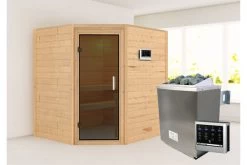 KARIBU Mia Sauna , Naturbelassen, Fichte, 196x170x198 Cm, Graphitfarbene Tür, Ofen 4,5 KW Bio Ext. Strg. Easy