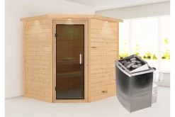 KARIBU Mia Sauna , Naturbelassen, Fichte, 224x184x202 Cm, Graphitfarbene Tür U.Kranz, Ofen 4,5 KW Integr. Strg.