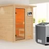 KARIBU Sandra Sauna , Naturbelassen, Fichte, 173x159x191 Cm, Kranz SET, Ofen 4,5 KW Bio Ext. Strg. Easy
