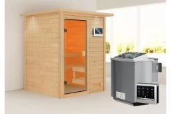KARIBU Sandra Sauna , Naturbelassen, Fichte, 173x159x191 Cm, Kranz SET, Ofen 4,5 KW Bio Ext. Strg. Easy