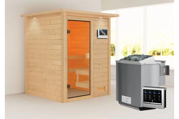 KARIBU Sandra Sauna , Naturbelassen, Fichte, 173x159x191 Cm, Kranz SET, Ofen 4,5 KW Bio Ext. Strg. Easy 3 KARIBU Sandra Sauna , Naturbelassen, Fichte, 173x159x191 Cm, Kranz SET, Ofen 4,5 KW Bio Ext. Strg. Easy