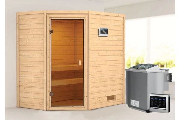 KARIBU Jella Sauna , Naturbelassen, Fichte, 195x145x187 Cm,SETOfen 4,5 KW Bio Ext. Strg. Easy 3 KARIBU Jella Sauna , Naturbelassen, Fichte, 195x145x187 Cm,SETOfen 4,5 KW Bio Ext. Strg. Easy