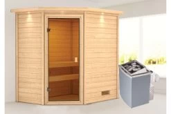 KARIBU Jella Sauna , Naturbelassen, Fichte, 223x159x191 Cm, Kranz SET, Ofen 4,5 KW Integr. Strg.