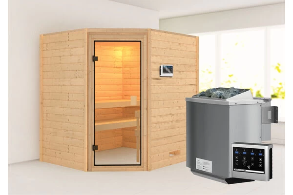 KARIBU Elea Sauna , Naturbelassen, Fichte, 195x169x187 Cm,SETOfen 4,5 KW Bio Ext. Strg. Easy 4 KARIBU Elea Sauna , Naturbelassen, Fichte, 195x169x187 Cm,SETOfen 4,5 KW Bio Ext. Strg. Easy – Bild 2