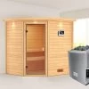 KARIBU Elea Sauna , Naturbelassen, Fichte, 223x183x191 Cm, Kranz SET, Ofen 4,5 KW Ext. Strg. Easy
