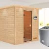 KARIBU Jara Sauna , Naturbelassen, Fichte, 223x209x191 Cm, Kranz SET, Ofen 4,5 KW Ext. Strg. Easy