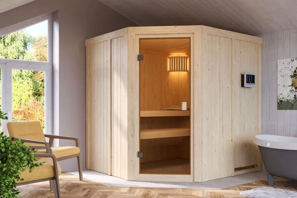 KARIBU Bodo Sauna , Naturbelassen, Fichte, 196x178x198 Cm,SETOfen 4,5 KW Ext. Strg. Easy 3 KARIBU Bodo Sauna , Naturbelassen, Fichte, 196x178x198 Cm,SETOfen 4,5 KW Ext. Strg. Easy