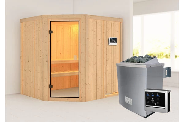 KARIBU Bodo Sauna , Naturbelassen, Fichte, 196x178x198 Cm,SETOfen 4,5 KW Ext. Strg. Easy 4 KARIBU Bodo Sauna , Naturbelassen, Fichte, 196x178x198 Cm,SETOfen 4,5 KW Ext. Strg. Easy – Bild 2