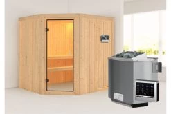 KARIBU Bodo Sauna , Naturbelassen, Fichte, 196x178x198 Cm,SETOfen 4,5 KW Bio Ext. Strg. Easy