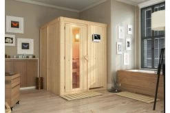 KARIBU Norin Sauna, Naturbelassen, Fichte, 151 X 151 X 198 Cm, Fronteinstieg, Energiespartür SET Mit Ofen 4,5 KW Bio Ext. Strg.