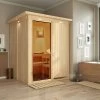 KARIBU Norin Sauna, Naturbelassen, Fichte, 165 X 165 X 202 Cm, Fronteinstieg, Mit Bronzierter Tür Und Kranz, SET Mit Ofen 4,5 KW Integr. Str.