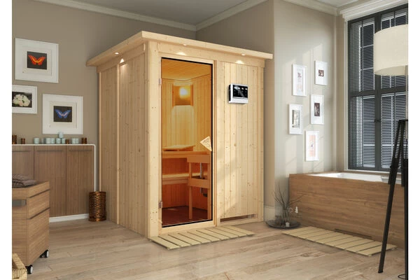 KARIBU Norin Sauna, Naturbelassen, Fichte, 165 X 165 X 202 Cm, Fronteinstieg, Mit Bronzierter Tür Und Kranz, SET Mit Ofen 4,5 KW Bio Ext. Strg. 3 KARIBU Norin Sauna, Naturbelassen, Fichte, 165 X 165 X 202 Cm, Fronteinstieg, Mit Bronzierter Tür Und Kranz, SET Mit Ofen 4,5 KW Bio Ext. Strg.