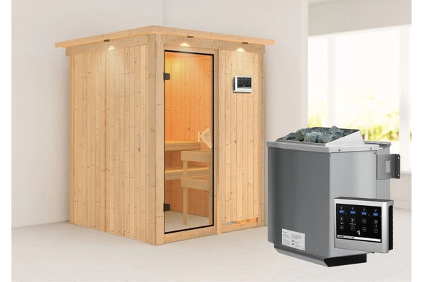 KARIBU Norin Sauna, Naturbelassen, Fichte, 165 X 165 X 202 Cm, Fronteinstieg, Mit Bronzierter Tür Und Kranz, SET Mit Ofen 4,5 KW Bio Ext. Strg. 4 KARIBU Norin Sauna, Naturbelassen, Fichte, 165 X 165 X 202 Cm, Fronteinstieg, Mit Bronzierter Tür Und Kranz, SET Mit Ofen 4,5 KW Bio Ext. Strg. – Bild 2