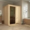KARIBU Norin Sauna, Naturbelassen, Fichte, 151 X 151 X 198 Cm, Fronteinstieg, Mit Graphitfarbener Tür, SET Mit Ofen 4,5 KW Integr. Str.