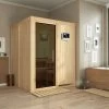 KARIBU Norin Sauna, Naturbelassen, Fichte, 151 X 151 X 198 Cm, Fronteinstieg, Mit Graphitfarbener Tür, SET Mit Ofen 4,5 KW Ext. Strg. Easy