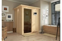 KARIBU Norin Sauna, Naturbelassen, Fichte, 165 X 165 X 202 Cm, Fronteinstieg, Mit Graphitfarbener Tür Und Kranz, SET Mit Ofen 4,5 KW Ext. Strg. Easy