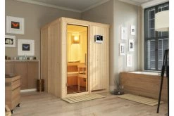 KARIBU Norin Sauna, Naturbelassen, Fichte, 151 X 151 X 198 Cm, Fronteinstieg, Mit Klarglastür, SET Mit Ofen 4,5 KW Ext. Strg. Easy