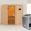 KARIBU Larin Sauna, Naturbelassen, Fichte, 151 X 151 X 198 Cm, Eckeinstieg,mit Bronzierter Tür,SET Mit Ofen 4,5 KW Ext. Strg. Easy