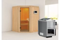 KARIBU Larin Sauna, Naturbelassen, Fichte, 151 X 151 X 198 Cm, Eckeinstieg, Mit Bronzierter Tür, SET Mit Ofen 4,5 KW Bio Ext. Strg.