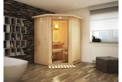 KARIBU Larin Sauna, Naturbelassen, Fichte, 165 X 165 X 202 Cm, Eckeinstieg,mit Klarglastür Und Kranz, SET Mit Ofen 4,5 KW Integr. Str.