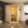 KARIBU Larin Sauna, Naturbelassen, Fichte, 165 X 165 X 202 Cm, Eckeinstieg, Mit Klarglastür Und Kranz,SET Mit Ofen 4,5 KW Ext. Strg. Easy