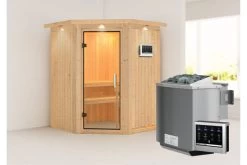 KARIBU Larin Sauna, Naturbelassen, Fichte, 165 X 165 X 202 Cm, Eckeinstieg, Mit Klarglastür Und Kranz, SET Mit Ofen 4,5 KW Bio Ext. Strg. -Warmer Garten 30914 6 02.jpg