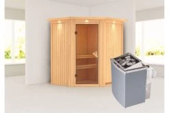 KARIBU Taurin Sauna, Naturbelassen, Fichte, 184 X 165 X 202 Cm, Eckeinstieg, Mit Bronzierter Tür Und Kranz, SET Mit Ofen 4,5 KW Integr. Str.