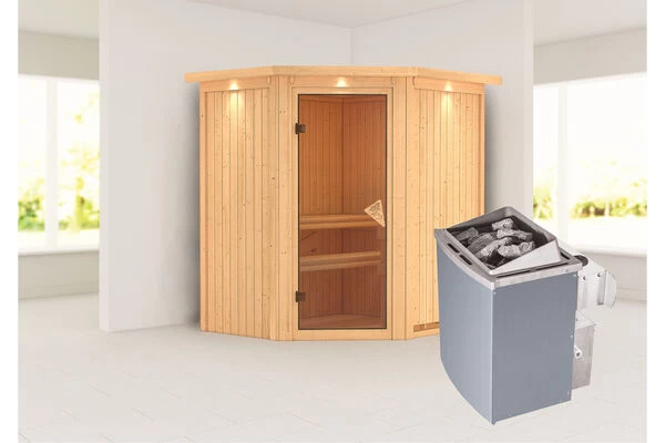 KARIBU Taurin Sauna, Naturbelassen, Fichte, 184 X 165 X 202 Cm, Eckeinstieg, Mit Bronzierter Tür Und Kranz, SET Mit Ofen 4,5 KW Integr. Str. 3 KARIBU Taurin Sauna, Naturbelassen, Fichte, 184 X 165 X 202 Cm, Eckeinstieg, Mit Bronzierter Tür Und Kranz, SET Mit Ofen 4,5 KW Integr. Str.