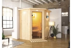 KARIBU Taurin Sauna, Naturbelassen, Fichte, 184 X 165 X 202 Cm, Eckeinstieg, Mit Klarglastür Und Kranz, SET Mit Ofen 4,5 KW Bio Ext. Strg.