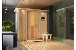 KARIBU Variado Sauna, Naturbelassen, Fichte, 210 X 132 X 202 Cm, Fronteinstieg, Mit Energiespartür, SET Mit Ofen 4,5 KW Ext. Strg. Easy