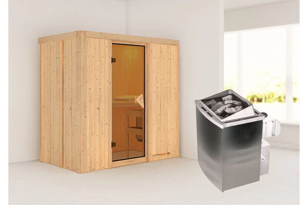 KARIBU Variado Sauna, Naturbelassen, Fichte, 196 X 118 X 198 Cm, Fronteinstieg, Mit Bronzierter Tür, SET Mit Ofen 4,5 KW Integr. Str. 3 KARIBU Variado Sauna, Naturbelassen, Fichte, 196 X 118 X 198 Cm, Fronteinstieg, Mit Bronzierter Tür, SET Mit Ofen 4,5 KW Integr. Str.