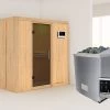 KARIBU Variado Sauna, Naturbelassen, Fichte, 196 X 118 X 198 Cm, Fronteinstieg, Mit Graphitfarbener Tür, SET Mit Ofen 4,5 KW Ext. Strg. Easy