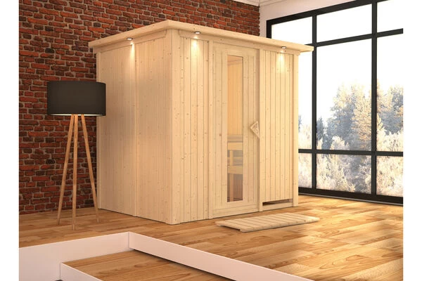 KARIBU Bodin Sauna, Naturbelassen, Fichte, 210 X 165 X 202 Cm, Fronteinstieg, Mit Energiespartür Und Kranz, SETmit Ofen 4,5 KW Integr. Str. 3 KARIBU Bodin Sauna, Naturbelassen, Fichte, 210 X 165 X 202 Cm, Fronteinstieg, Mit Energiespartür Und Kranz, SETmit Ofen 4,5 KW Integr. Str.