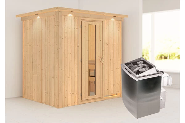 KARIBU Bodin Sauna, Naturbelassen, Fichte, 210 X 165 X 202 Cm, Fronteinstieg, Mit Energiespartür Und Kranz, SETmit Ofen 4,5 KW Integr. Str. 4 KARIBU Bodin Sauna, Naturbelassen, Fichte, 210 X 165 X 202 Cm, Fronteinstieg, Mit Energiespartür Und Kranz, SETmit Ofen 4,5 KW Integr. Str. – Bild 2