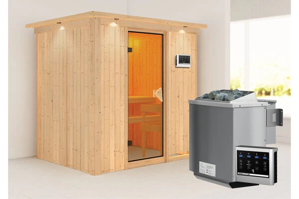 KARIBU Bodin Sauna, Naturbelassen, Fichte, 210 X 165 X 202 Cm, Fronteinstieg,mit Bronzierter Tür Und Kranz SETmit Ofen 4,5 KW Ext. Strg. Easy 4 KARIBU Bodin Sauna, Naturbelassen, Fichte, 210 X 165 X 202 Cm, Fronteinstieg,mit Bronzierter Tür Und Kranz SETmit Ofen 4,5 KW Ext. Strg. Easy – Bild 2