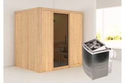 KARIBU Bodin Sauna, Naturbelassen, Fichte, 196 X 151 X 198 Cm, Fronteinstieg,mit Graphitfarbener Tür SETmit Ofen 4,5 KW Integr. Str.