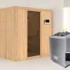 KARIBU Bodin Sauna, Naturbelassen, Fichte, 196 X 151 X 198 Cm, Fronteinstieg,mit Graphitfarbener Tür SETmit Ofen 4,5 KW Ext. Strg. Easy