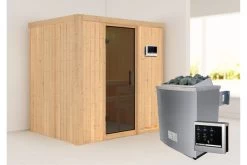 KARIBU Bodin Sauna, Naturbelassen, Fichte, 196 X 151 X 198 Cm, Fronteinstieg,mit Graphitfarbener Tür SETmit Ofen 4,5 KW Ext. Strg. Easy
