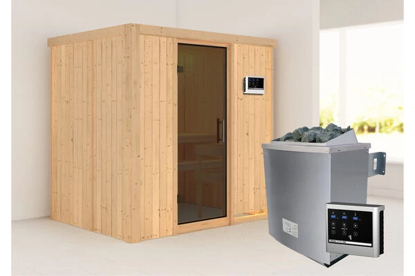 KARIBU Bodin Sauna, Naturbelassen, Fichte, 196 X 151 X 198 Cm, Fronteinstieg,mit Graphitfarbener Tür SETmit Ofen 4,5 KW Ext. Strg. Easy 3 KARIBU Bodin Sauna, Naturbelassen, Fichte, 196 X 151 X 198 Cm, Fronteinstieg,mit Graphitfarbener Tür SETmit Ofen 4,5 KW Ext. Strg. Easy