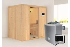KARIBU Bodin Sauna, Naturbelassen, Fichte, 196 X 151 X 198 Cm, Fronteinstieg,mit Klarglastür SETmit Ofen 4,5 KW Ext. Strg. Easy