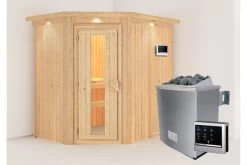 KARIBU Carin Sauna, Naturbelassen, Fichte, 210 X 165 X 202 Cm, Eckeinstieg,mit Energiespartür Und Kranz SETmit Ofen 4,5 KW Ext. Strg. Easy -Warmer Garten 30928 5 02.jpg