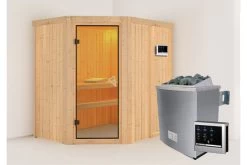 KARIBU Carin Sauna, Naturbelassen, Fichte, 196 X 151 X 198 Cm, Eckeinstieg,mit Bronzierter Tür SETmit Ofen 4,5 KW Ext. Strg. Easy
