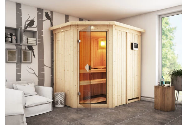 KARIBU Carin Sauna, Naturbelassen, Fichte, 210 X 165 X 202 Cm, Eckeinstieg,mit Bronzierter Tür Und Kranz SETmit Ofen 4,5 KW Ext. Strg. Easy 3 KARIBU Carin Sauna, Naturbelassen, Fichte, 210 X 165 X 202 Cm, Eckeinstieg,mit Bronzierter Tür Und Kranz SETmit Ofen 4,5 KW Ext. Strg. Easy